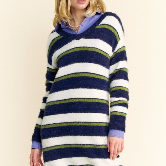 DAVI & DANI TEXTURED VEGAN ANGORA COLORBLOCK STRIPED V-NECK SWEATER TUNIC DRESS - Picture 2 of 10